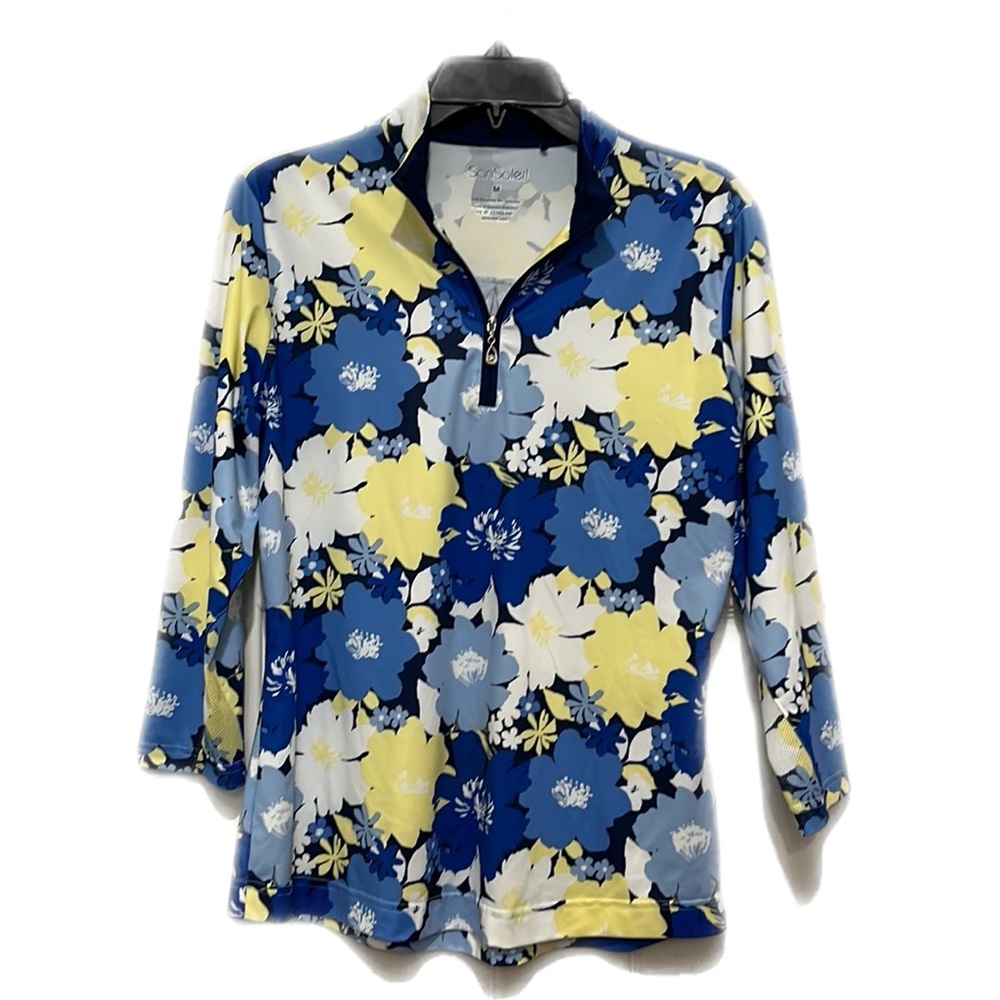 Blue & Yellow Floral SanSoleil 3/4 Sleeve Mock Golf Top.  Size M.